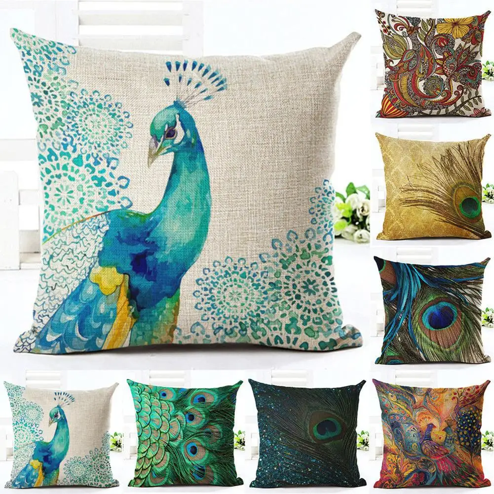 

Peacock Design Linen Throw Pillow Case Cushion Cover Sofa Bed Car Cafe Office Decor Fashion