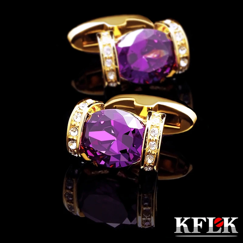 KFLK jewelry fashion shirt cufflinks for women Brand cuff button Purple Crystal cuff links High Quality Gold-color guests