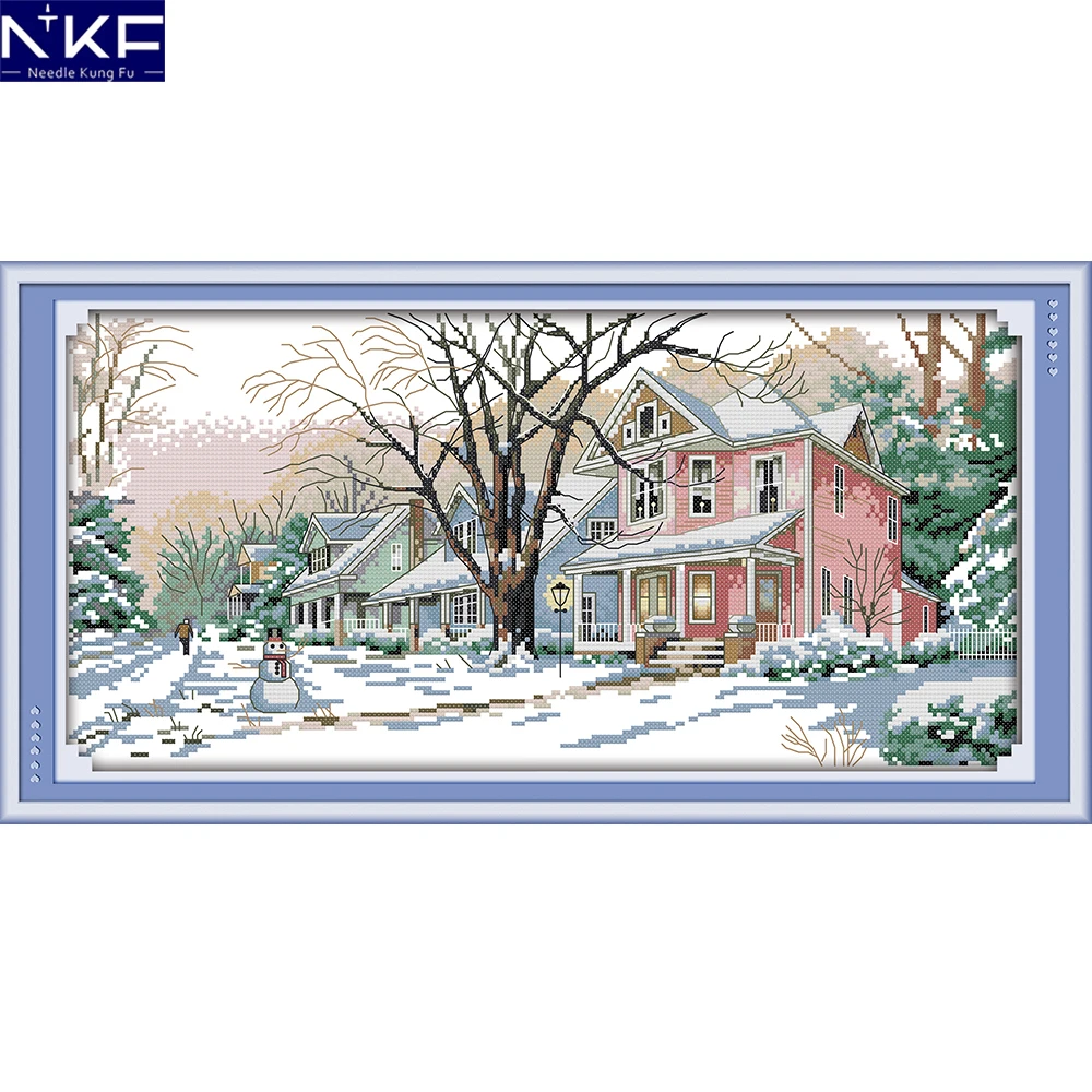 

NKF Christmas Cross Stitch Patterns DIY Embroidery Needlework Winter Street Scene Cross Stitch Patterns for Home Decoration
