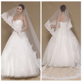 

High Quality Lace Appliques One Layer Bridal Veil 2019 3M Long Cathedral Veil Royal White ivory Wedding Head Veil For Bride