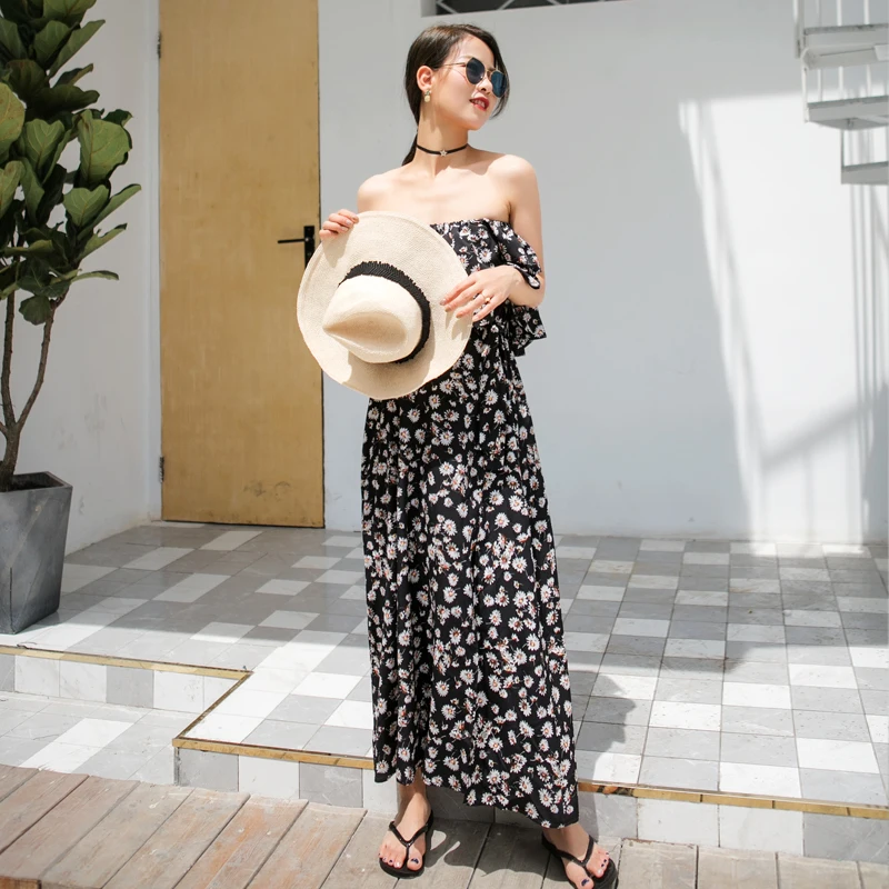 GRRCOSY Chiffon Small Daisy Maternity Pregnancy Long Dress Shoulderless Bohemian Pleated Fashion Sexy Dress For Pregnant Women