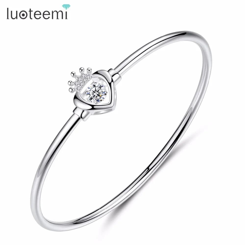 

LUOTEEMI Authentic 925 Silver Love Heart Crown Hollow Sparkling Cute Fashion Charm Bangles Jewelry Female Women Gift Girlfriend
