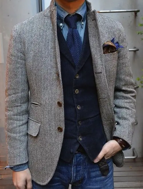 2018 серый шерстяной елочка твид смокинг Британский мужской костюм Slim Fit Для мужчин