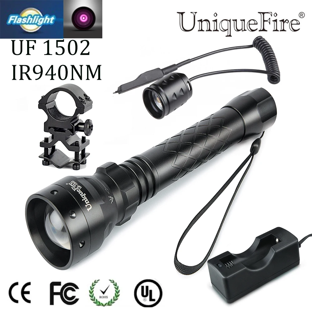 UniqueFire 1502 IR 940NM светодиодный фонарик+ зарядное устройство+ Тактический пульт+ крепление для прицела водонепроницаемый для ночной охоты кемпинга