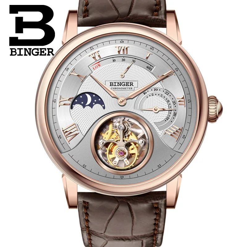 Механические часы Seagull Tourbillon с ремешком из крокодиловой кожи сапфировые Мужские автоматические часы BINGER relogio masculino - Цвет: 09