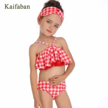 Комплект бикини в клетку с кружевными воланами и оборками для девочек; купальный костюм с открытыми плечами; милый купальник-танкини; бикини; купальный костюм; Maillot