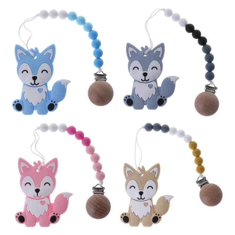 

1 Set Pacifier Clip With Teether Fox Chain Nipple Clips Soother Teething Silicone Wood Beads Holder Toys Chew Infant Safe Dec17