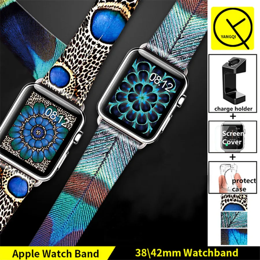 

Painting Style Feather Pattern Watchband for Apple Watch Series1/2 Watchstrap for 38mm 42mm Bracelet Peacock Leopard +Adapters