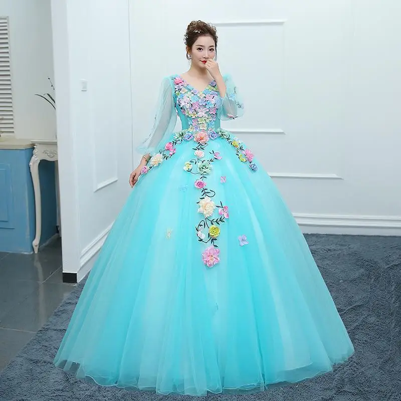 Trajes De Quinceaneras Новое Розовое Пышное Платье с v-образным вырезом и длинным рукавом, кружевное платье с цветочным рисунком размера плюс, кружевное платье на заказ для выпускного вечера - Цвет: sky blue