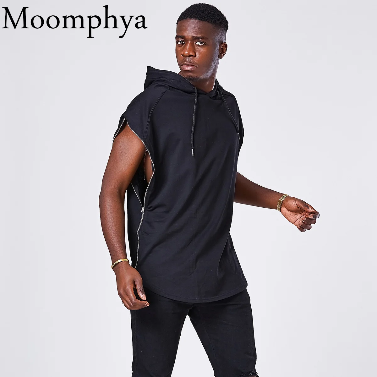 

Moomphya Men full side zip hoodies sweatshirt extended Longline hipster curve hem head zip sleeveless men hip hop hoodie