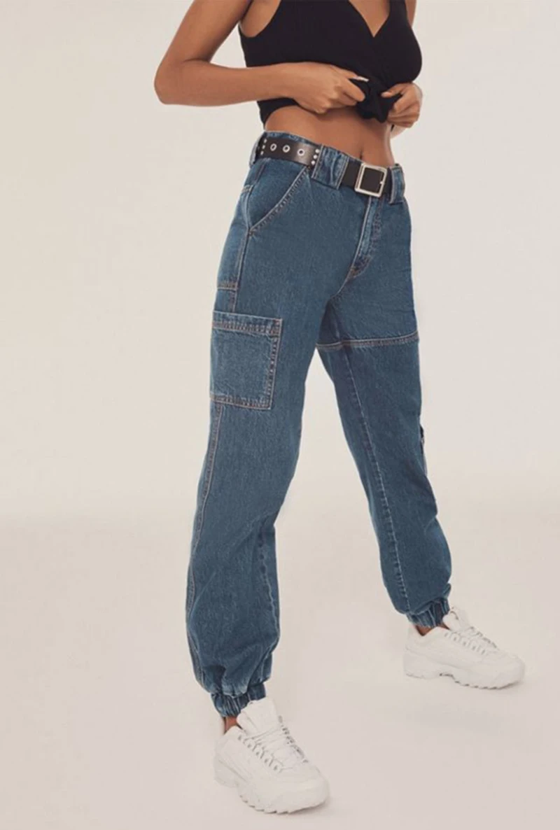 Повседневные джинсы-шаровары, джинсы свободного кроя, женские эластичные Стрейчевые синие джинсовые штаны со средней талией, модные выбеленные джинсы на молнии