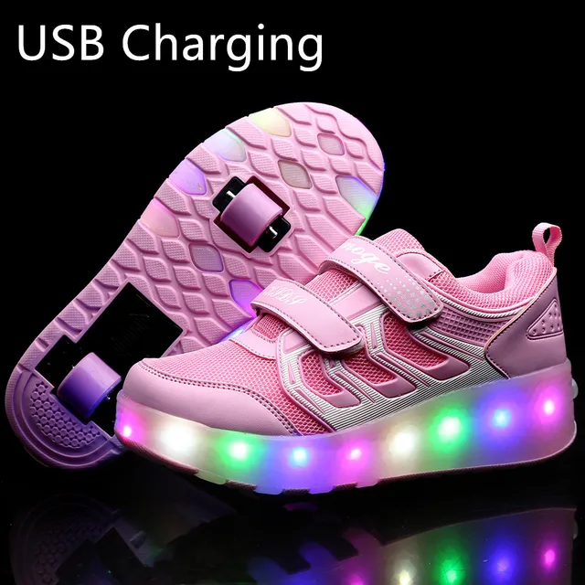 US $13.11 Heelies 2019 New USB Charge LED Colorful Children Kids Fashion Sneakers with Two Wheels Roller Skat