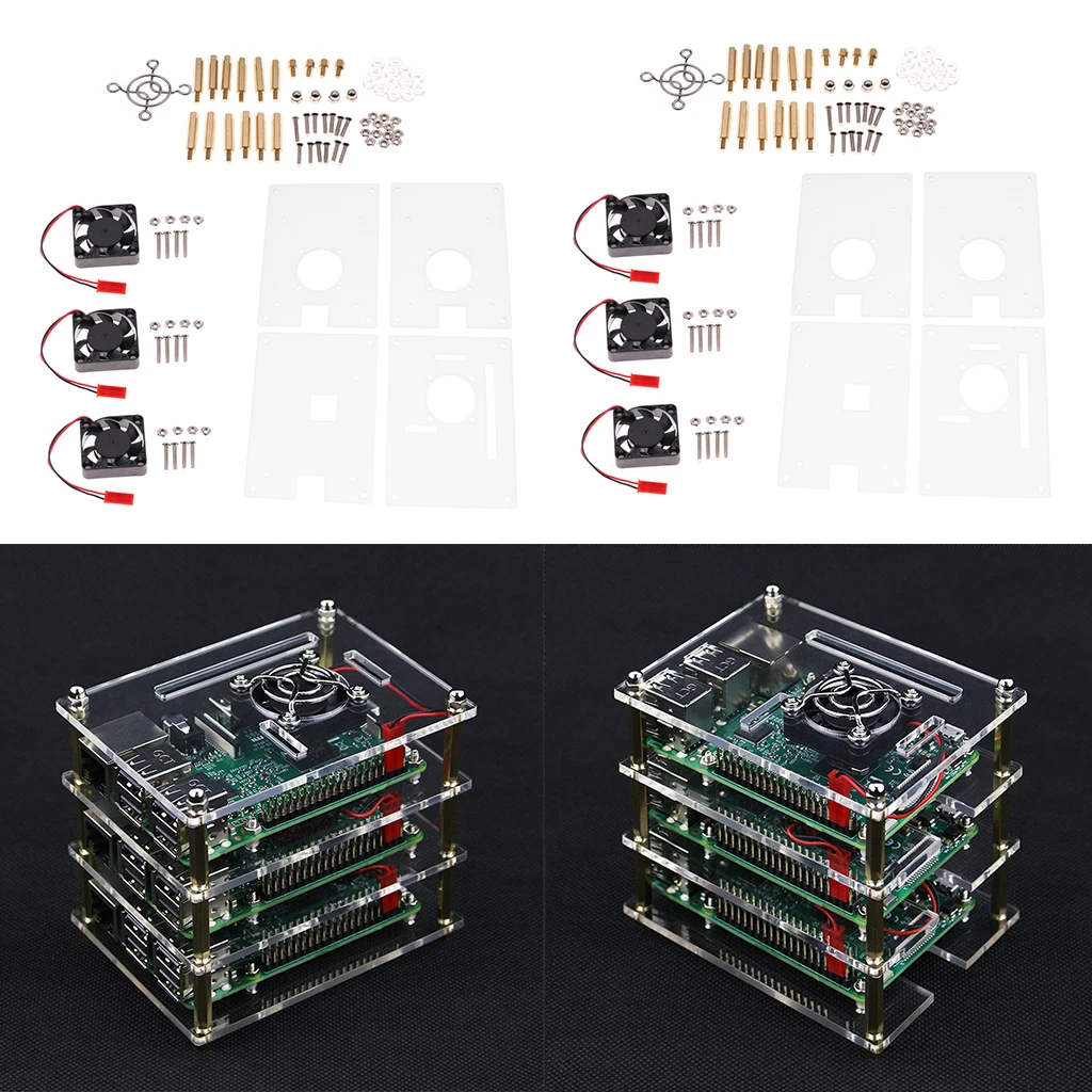 2x Acrylic Stack Case Enclosure Open-Air Dog Bone + Fan for Raspberry pi