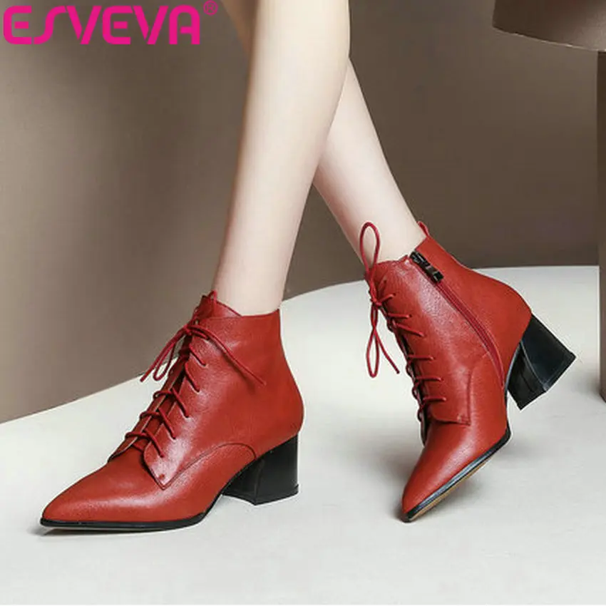 ESVEVA 2019 Woman Boots Cow Leather Zip High Heels Shoes Winter Boots Women Ankle Boots Square Heels Shoes Pointed Toe 34-43 цена ESVEVA 2019 Woman Boots Cow Leather Zip High Heels Shoes Winter Boots Women Ankle Boots Square Heels Shoes Pointed Toe 34-43 цены онлайн