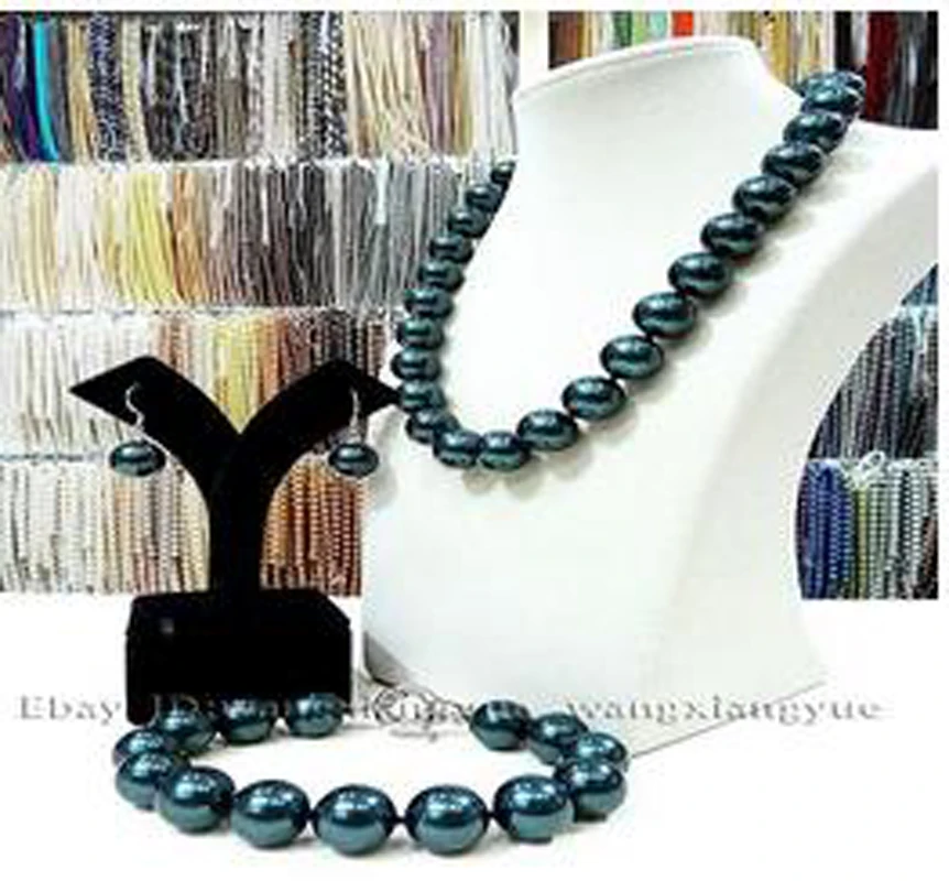 

14mm South Sea Black Shell Pearl Necklace bracelet Earrings Set AAA Grade