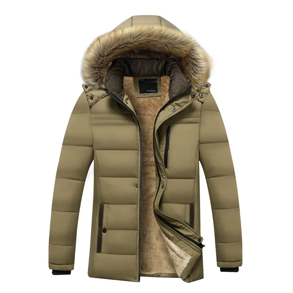 Новая дизайнерская зимняя мужская куртка с меховым воротником, мужская хлопковая стеганая куртка, утолщенное теплое пальто цвета хаки, водонепроницаемая ветрозащитная куртка