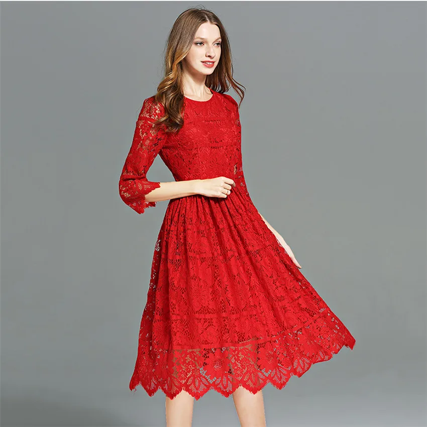 Европейские модные подиумные платья размера плюс 5XL, женское высококачественное элегантное красное кружевное платье, Осенние вечерние платья vestidos mujer