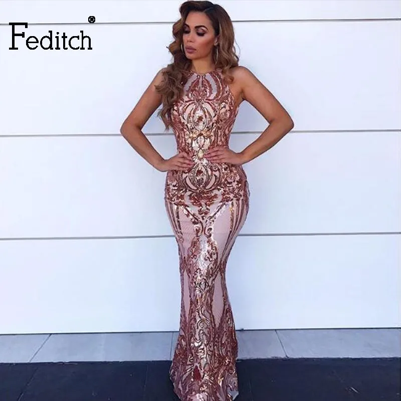 

Fedich Sequin Maxi Long Dress Women Fashion Sling Evening Party Christmas Dresses Sexy Halter Backless Night Club Vestidos