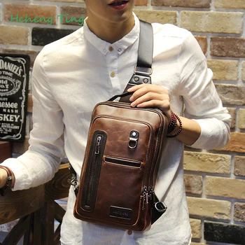 

Crazy Horse PU Leather Men Backpack Vintage Male Students School Bags Fashion Man One Shoulder Backpack Chest Bags Brown Vintage