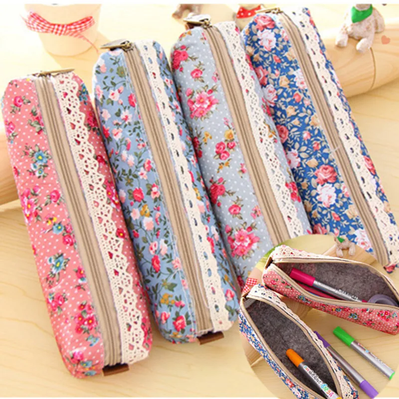 

1PC Fresh Canvas Retro Style Lace Fringe Little Flower Dot Multi-function Zipper Pencil Bag Student Gift Stationery Storage Bag
