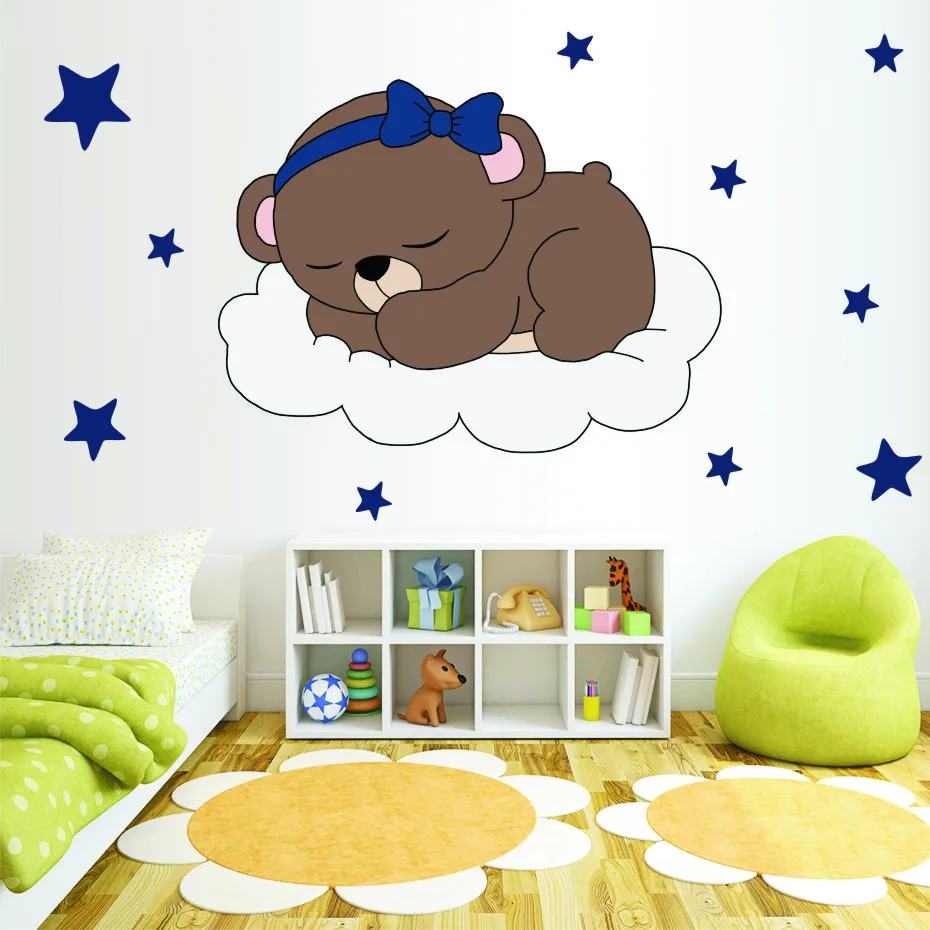 Cute Quite Sleep Bear with Stars Wall Decals Children's Kids Cartoon DIY Art Vinyls Stickers Bedroom Home Decor Mural Wallpaper