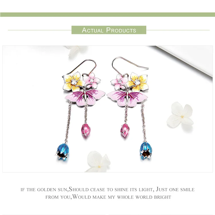 BISAER, цветные серьги с цветком, орхидеи, бутоны цветов и бабочек, длинные висячие серьги для женщин, серебряные ювелирные изделия WEYE156