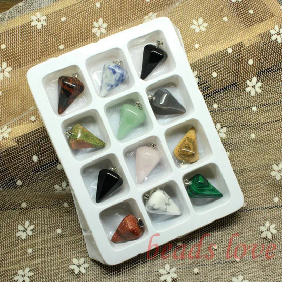 

WHOLESALE 12pcs Mix Multi-style Pendulum Shape Natural Stone Charms Finding Pendants 16mm*24mm (W02745)