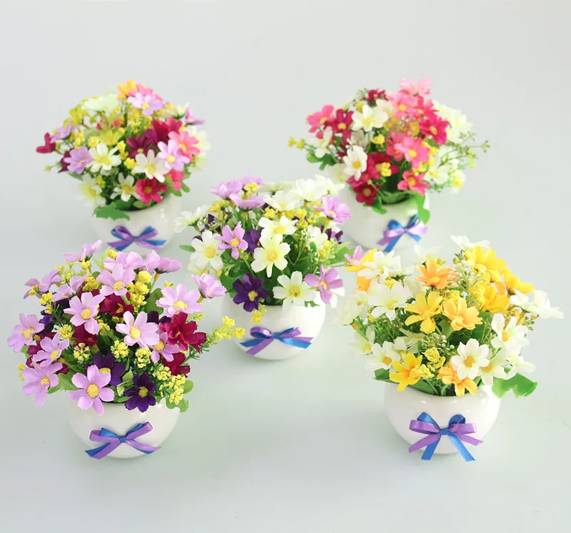 Flone Mini Artificial Small Potted Plants Silk Flower Simulation Flower Bonsai Home Wedding Party Decoration Fake Flowers (12)