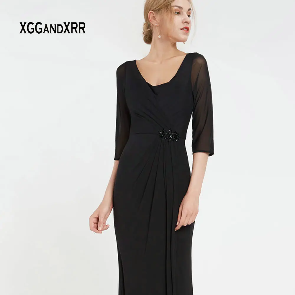 Элегантное, с рукавом до локтя, длинное черное Тюлевое платье для матери невесты,, чашечки, рукава с бусинами Плиссированное вечернее платье, торжественное вечернее платье