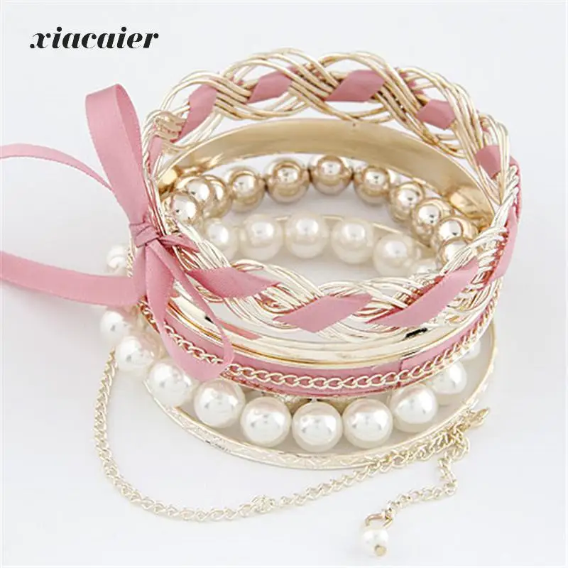

xiacaier Fashion Multilayer Imitation Pearl Beads Lace Bow Gold Color Bracelets Bangles For Women Fashion Jewelry wholesale