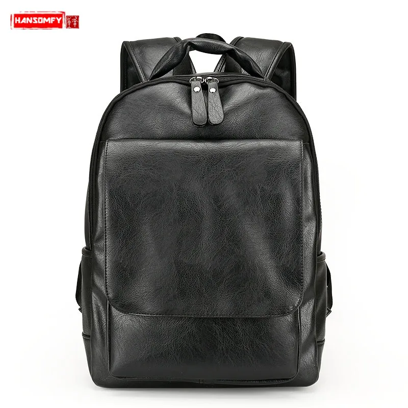 

HANSOMFY Men bag Korean fashion genuine leather Backpack large capacity tide shoulder bags men's 14" Laptop computer travel bags