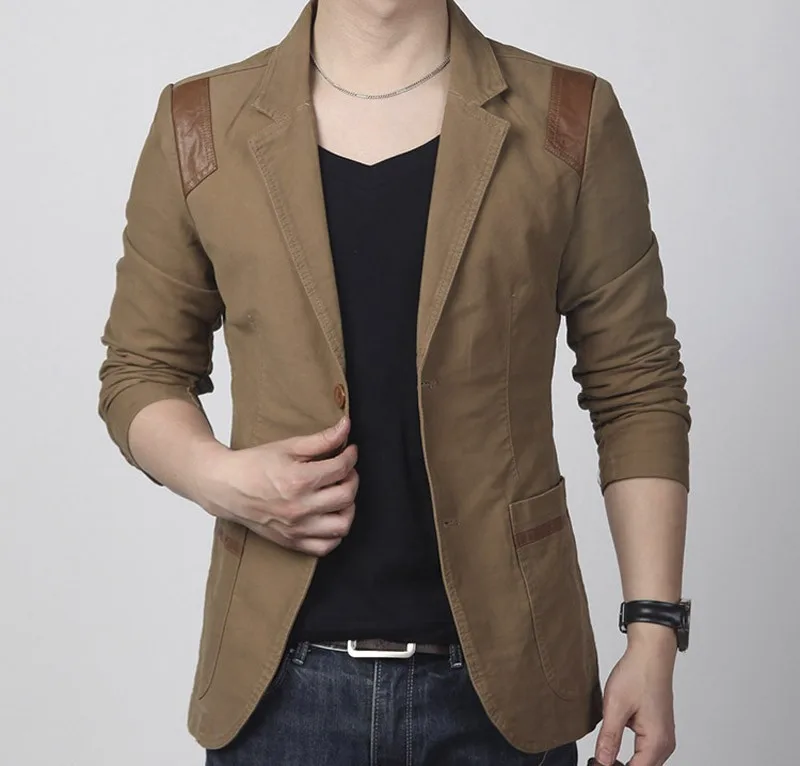 

Hot! New Fashion Spring and autumn men's clothing Casual Slim Fit Blazer Leather Patchwork Plus Size Suits Jacket Men Outwear