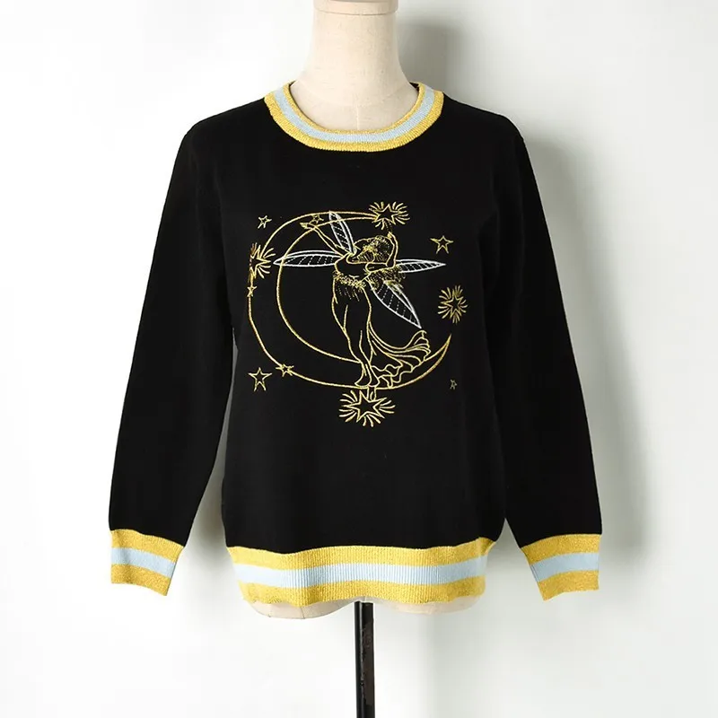 

Winter 2018 New Golden Thread Embroidery Star Moon Goddess Pattern Knitted Sweater Woman Y81122