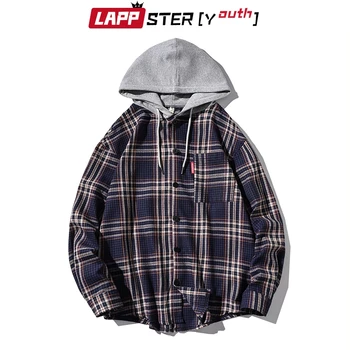

LAPPSTER Men Streetwear Plaid Cargo Jacekt Coats 2020 Harajuku Autumn Button Hip Hop Windbreaker Jackets Vintage Hooded Coat 5XL