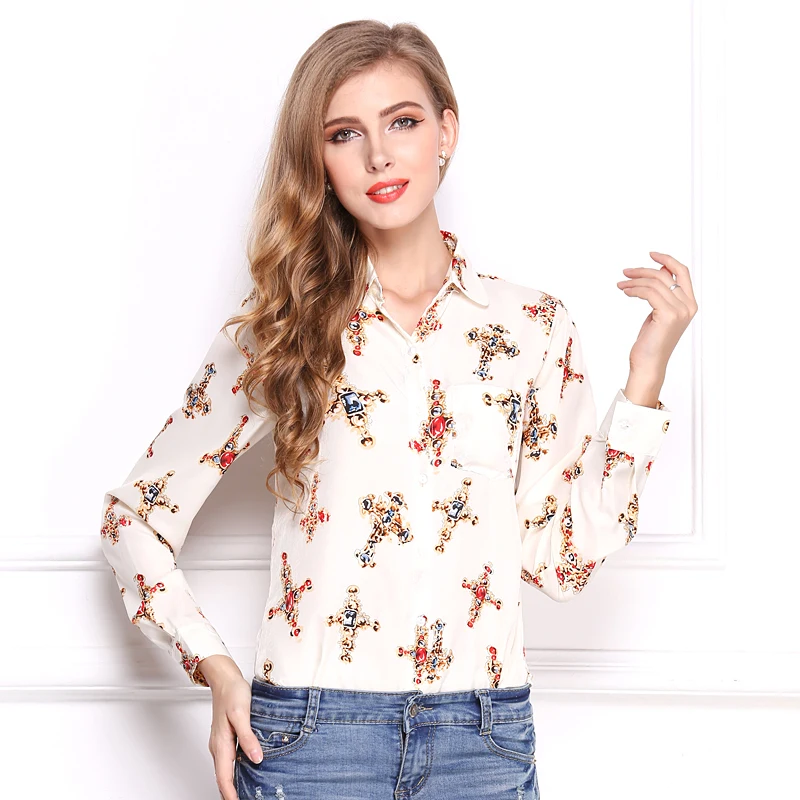 Low price vintage print women chiffon blouse long sleeved fashion