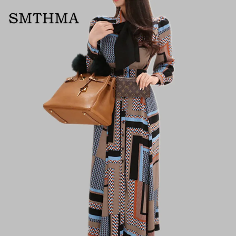 

SMTHMA 2019 Sping High quality luxury runway geometric Print Long Dress Women Single-breasted Korea Dresses Vestidos