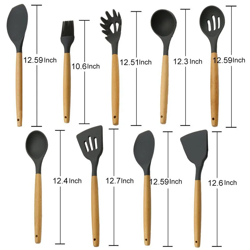 UPORS 9Pcs Silicone Cooking Tool Set with Wooden Handle Kitchen Accessories Soup Ladle Spoon Slotted Shovel Kitchen Utensils Set