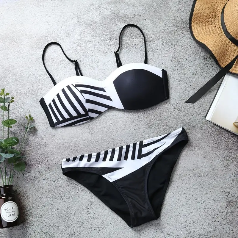 

Womens Sexy Two Piece Bikini Set Detachable Spaghetti Straps Bra Low Waist Thong Irregular Stripes Printed Swimsuit Black White