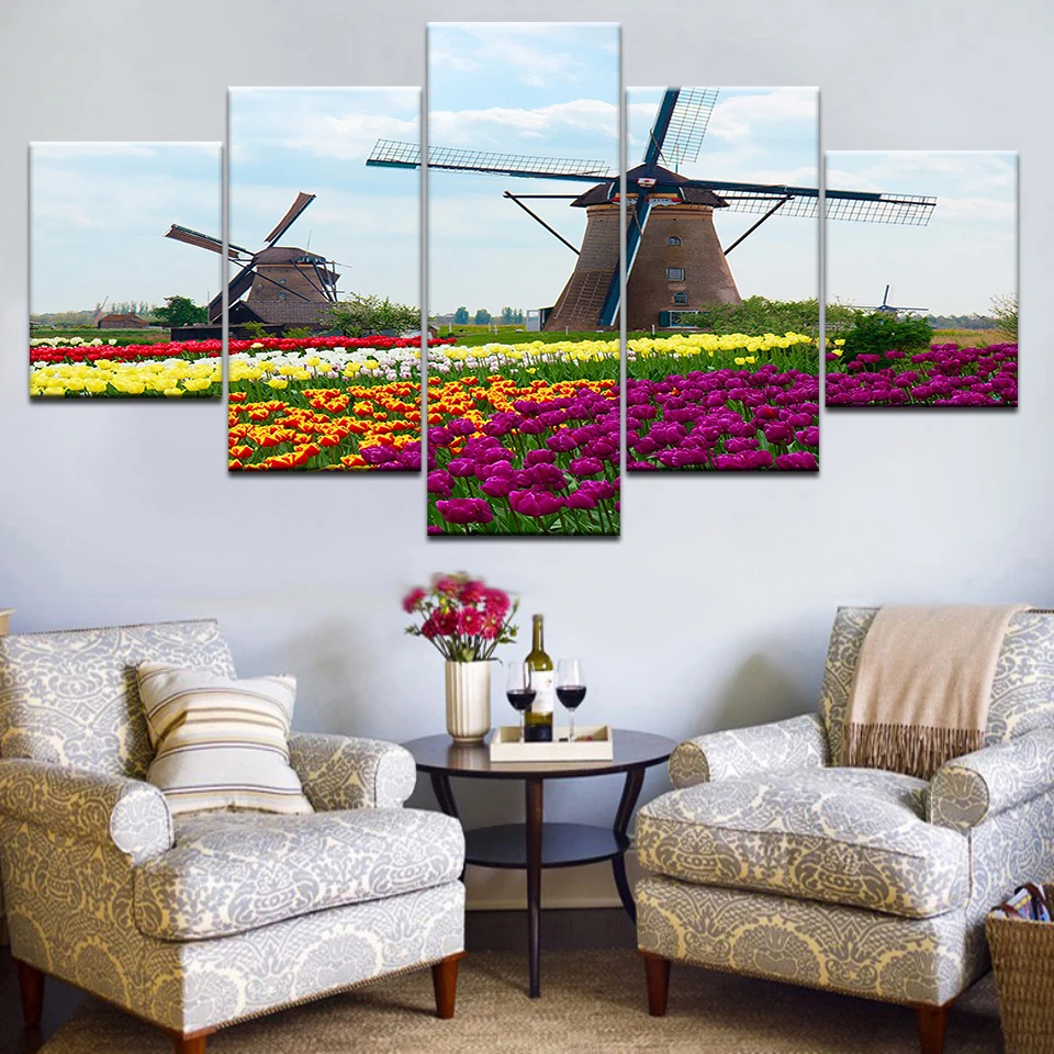 

5 Panels No Frame Pictures Modular Wall Picture Art Painting Tulips Windmill Print on Canvas Paintings Posters for Living Room