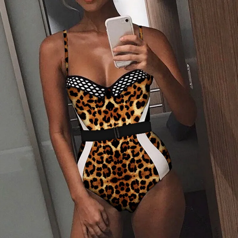 

New Women Sexy Bikini Leopard Peint One Piece Swimsuit Snake Push Up Bathing Suit Solid Patchwork Bandeau BodySuits