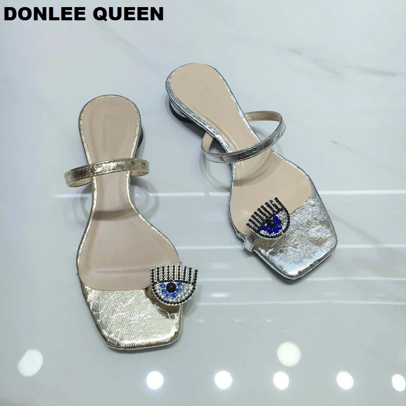 

2019 New Summer Slippers Low Heel Rhinestone Eye Narrow Band Sandals Crystal Slide Slip On Beach Flip Flops sandalias mujer Shoe