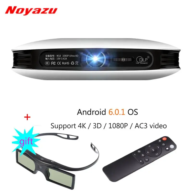Noyazu DLP Projector Mini LED 3D Android Beamer Full HD 4K 1080P Business Portable Projetor Smart Home Cinema with 3D Glasses