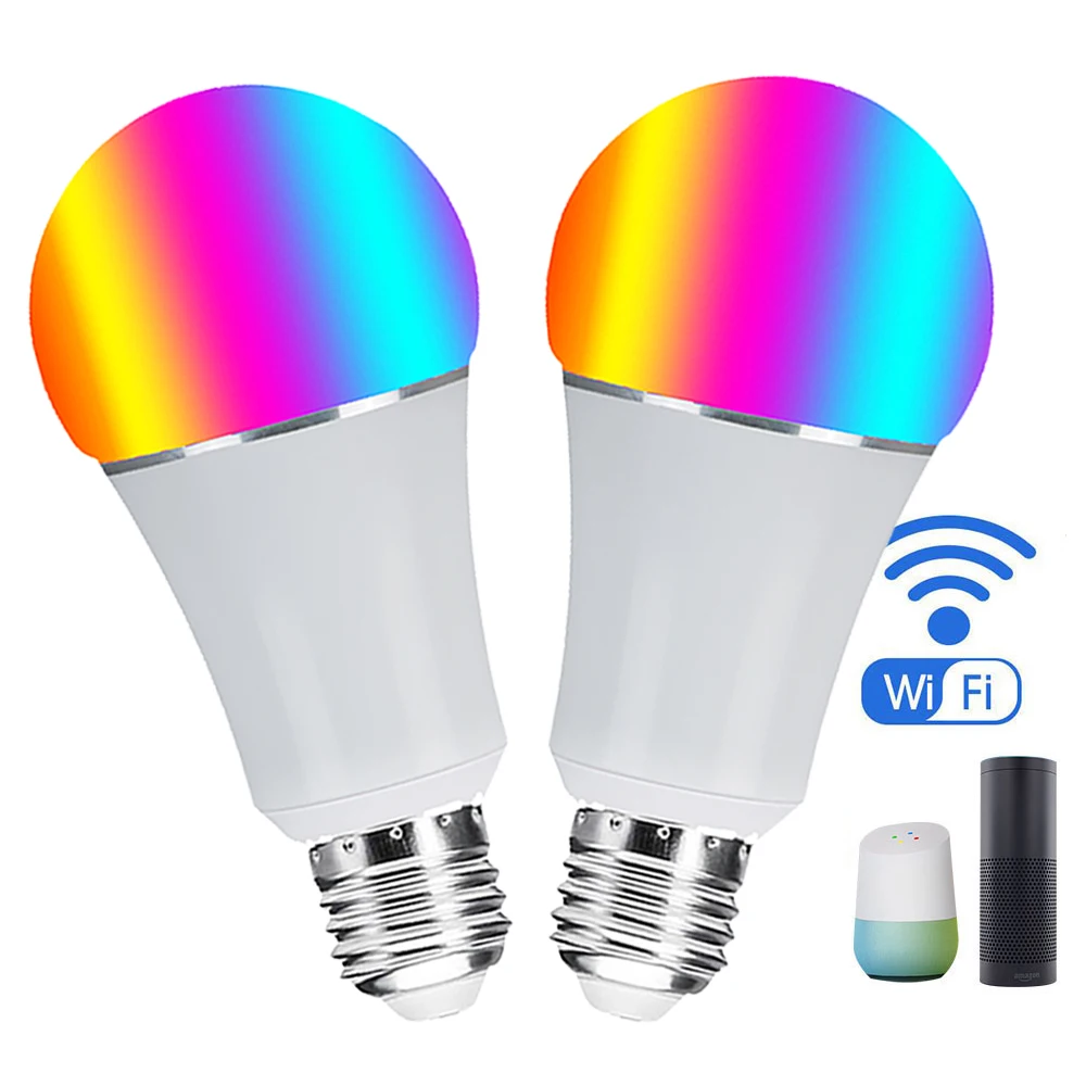 Wi-Fi лампы Smart RGB света, удаленный телефон приложение Управление, 7 W E26 E27 B22 ночник Совместимость с Alexa эхо и Google дома 2 шт