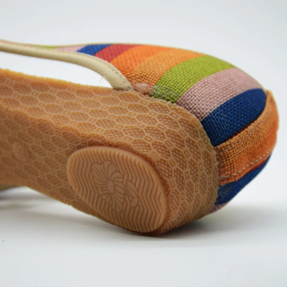 Veowalk/женские туфли на плоской подошве с открытым носком в радужную полоску; удобные балетки на плоской подошве из хлопчатобумажной ткани и льна в стиле старого Пекина
