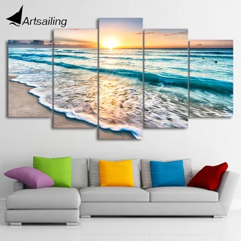 

HD Printed 5 piece canvas art beach pictures seascape sunset beach painting canvas painting wall pictures Free shipping ny-1476