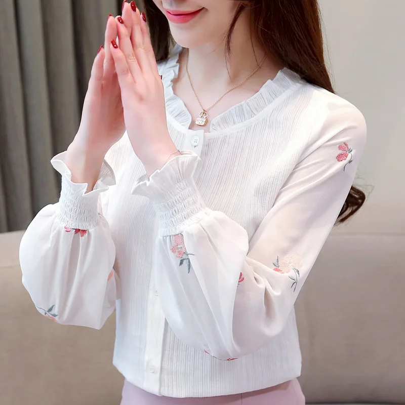 

Fashion 2019 solid blouses women tops long sleeve print chiffon women blouse shirt feminine blouses women shirts tops