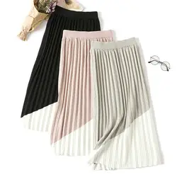 Для женщин плиссированные юбки длинные Faldas Mujer вязаный свитер юбка с высокой талией в Корейском стиле теплый хит цвет юбка миди рюшами Saias
