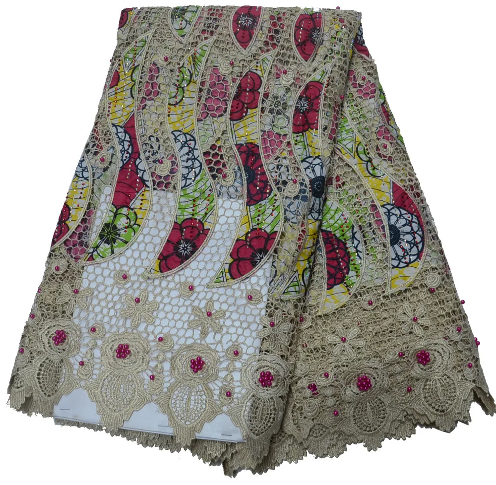 

Free shipping (5yards/pc) high quality African big cord lace fabric with wax fabric and beads stones for party dress PLX10