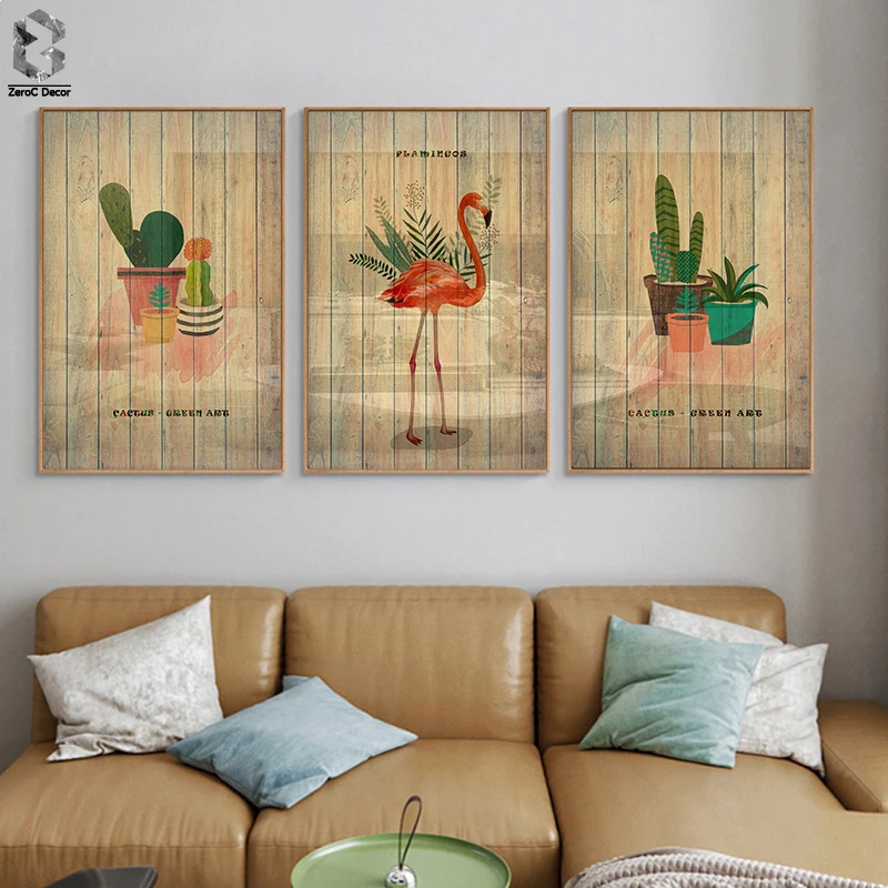 

Vintage Wood Grain Canvas Posters and Prints Cactus Wall Art Painting American Style Wall Picture for Living Room Home Decor