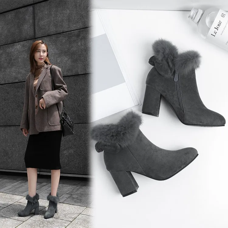 Womens Pointed Toe Booties Shoes Korean Bow Thick High Heel Large Size Fashion Ankle Boots Black Khaki Grey23
